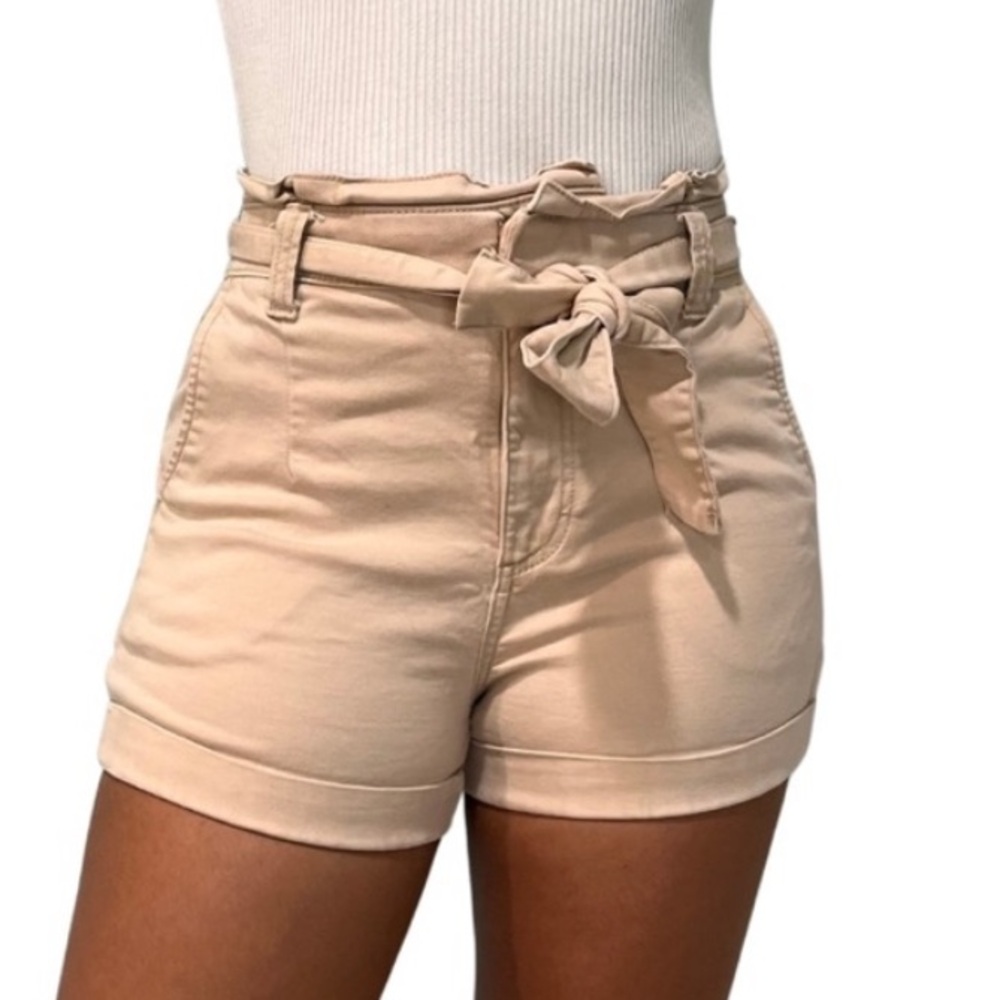 Express Shortie Extreme High Rise Khaki Paper Bag Belted Shorts | Size Small